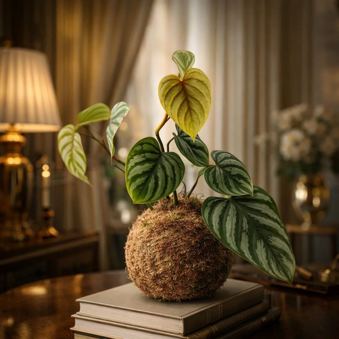 Kokedama de filodendro prateado em ambiente interno elegante